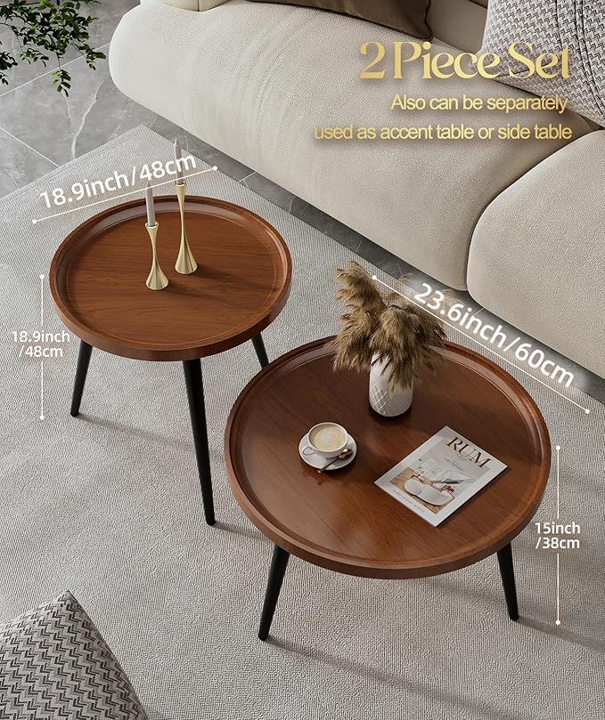2-Piece Walnut Coffee Table, Durable Mid Century Small Round Coffee Tables - Image 3