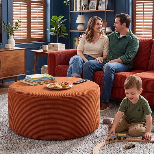 BSHOMGI Round Ottoman, Corduroy Ottomans Foot Stool, 27.5" Pouf Footstool by BSHOMGI