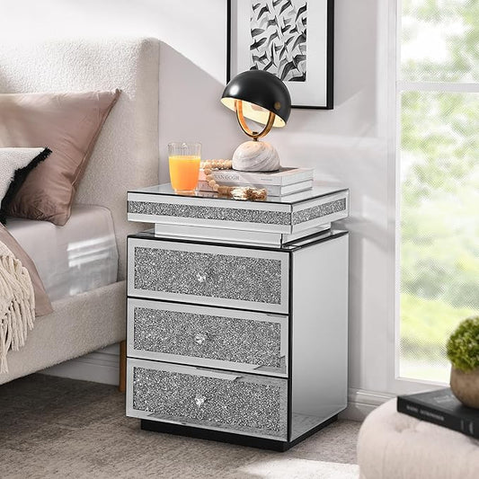 Mirrored Nightstand with 3 Drawers, Mirror End Table, Modern Bedside Table by HEPMIMZHU