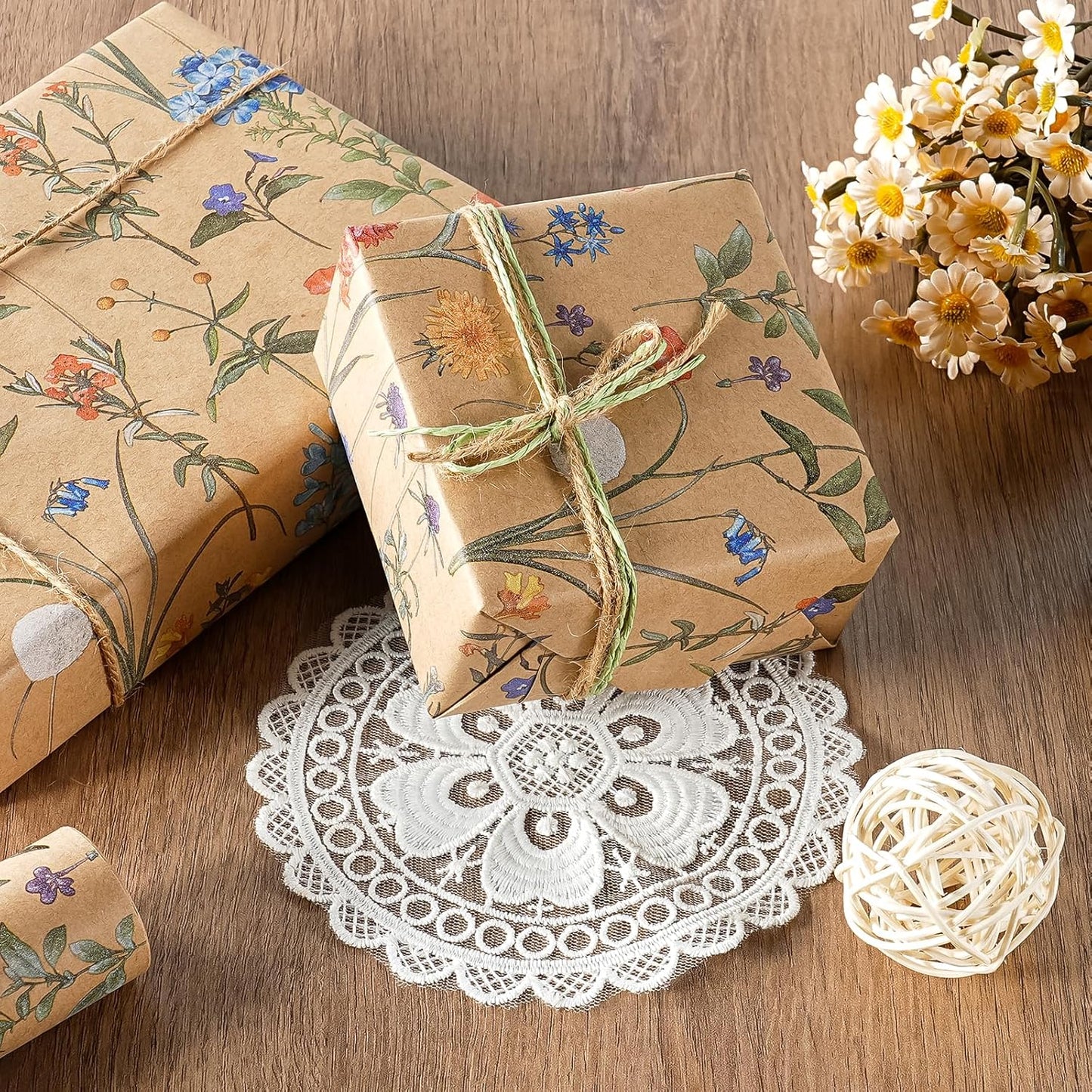 WRAPAHOLIC Kraft Floral Wrapping Paper Roll - Mini Roll - 17 Inch x 33 Feet - Wildflower Wrapping Paper Perfect for Girls Women Birthday, Wedding, Bridal Shower