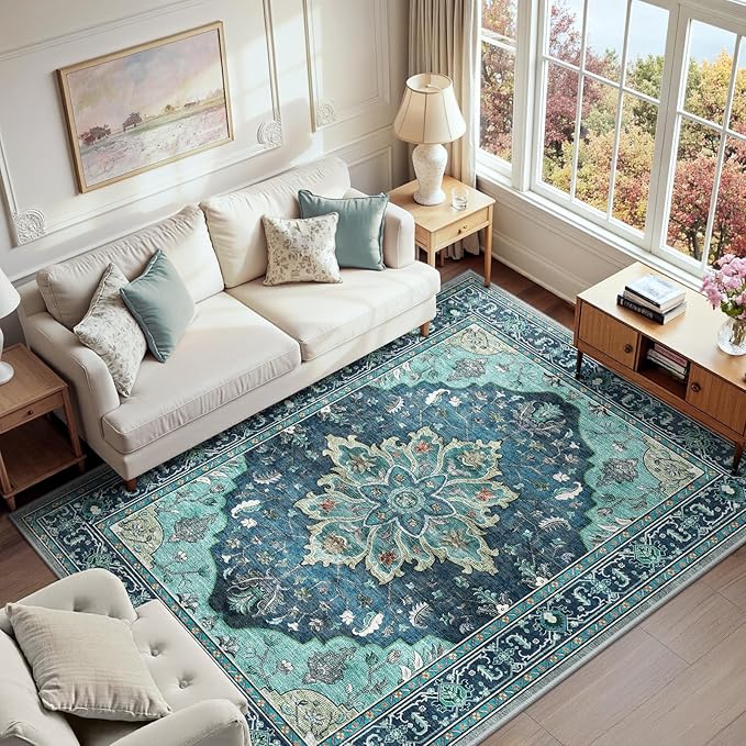 RELEANY Area Rugs 6'x9' Washable Non-Slip, Floral Vintage Distress Print by RELEANY