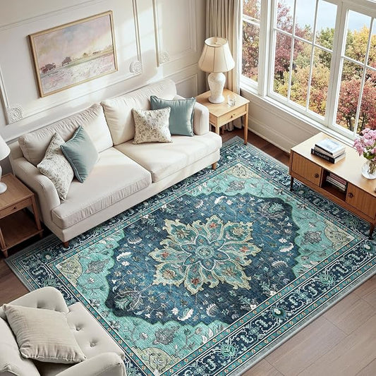 RELEANY Area Rugs 6'x9' Washable Non-Slip, Floral Vintage Distress Print by RELEANY