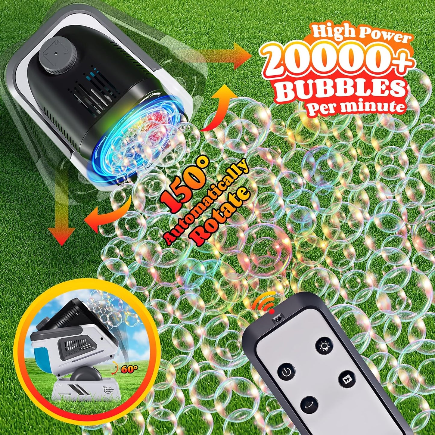 2025 Upgraded Bubble Machine with Remote Control, Automatic Rotation & RGB Lights, 1800mAh Rechargeable Battery, Type-C Charge, Bubble Maker for Kids, Weddings, Birthday Parties, Outdoor Activities
