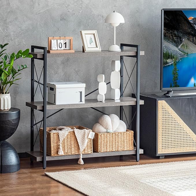 HCHQHS Bookshelf, 3-Tier Industrial Bookcase, Rustic Open Book Shelf, - Image 2