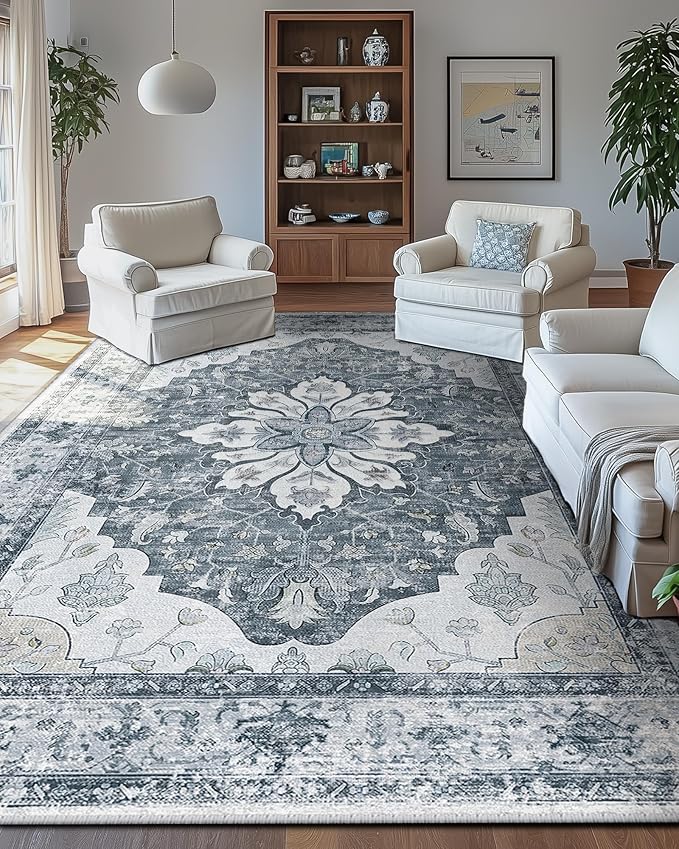 RELEANY Area Rugs 9'x12' Washable Non-Slip, Floral Vintage Distress Print - Image 3