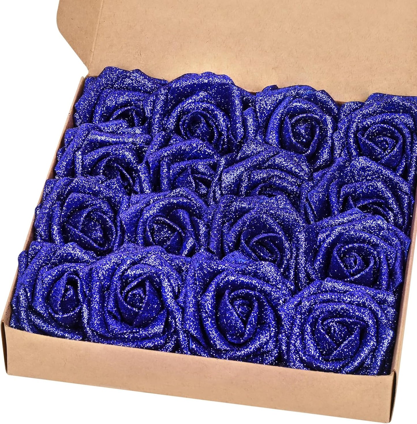 BLEUM CADE 16Pcs Artificial Flowers Fake Roses with Stems, Blue Glitter Boxed Foam Roses for DIY Bouquets Centerpieces Wedding Party Arrangement Bridal Shower Decor