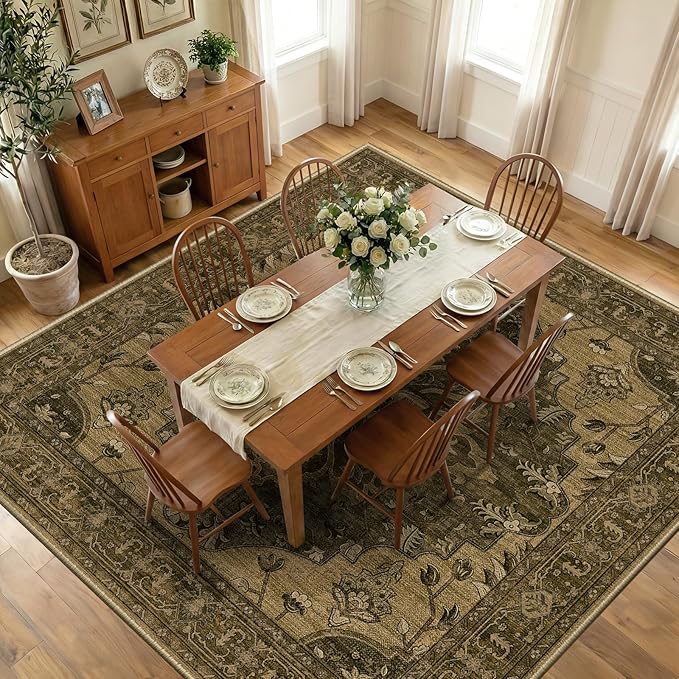 RELEANY Area Rugs Square 10ft Washable Non-Slip, Floral Vintage Distress Print by RELEANY