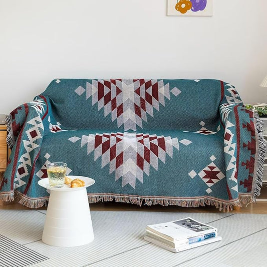 VClife Boho Couch Cover Soft Cotton Linen Blue Red Gray Triangle Plaid by VCLIFE