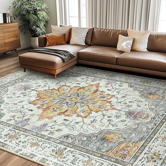 RELEANY Area Rugs 8'x10' Washable Non-Slip, Floral Vintage Distress Print by RELEANY