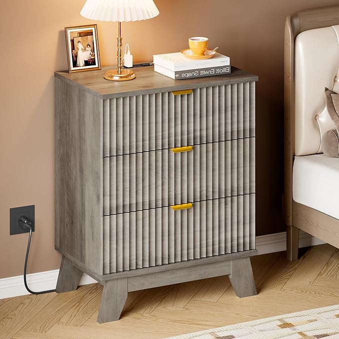 BORNOON 30.5" Nightstand with Charging Station, 3-Drawer Fluted Bedroom Chest - Image 6