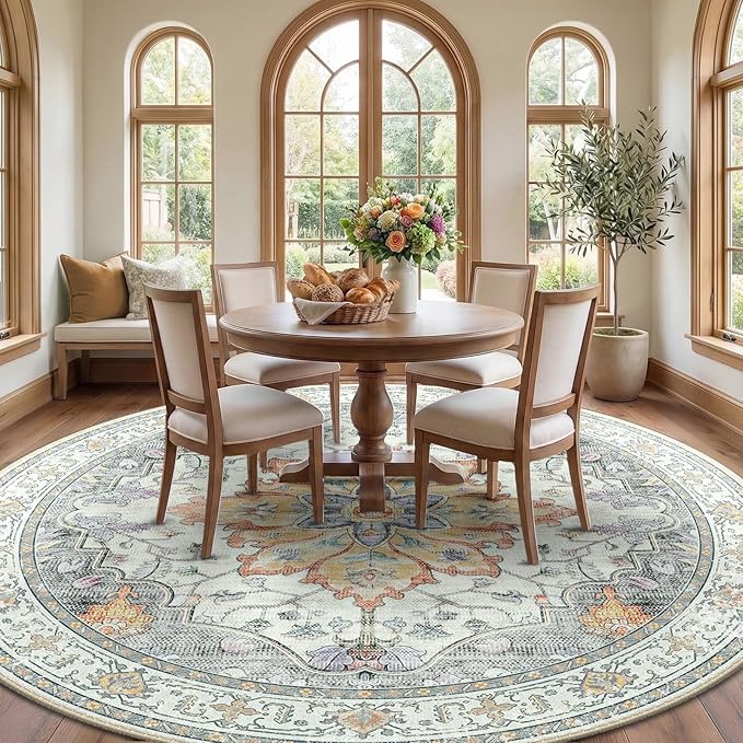 RELEANY Area Rugs Round 8ft Washable Non-Slip, Floral Vintage Distress Print - Image 2