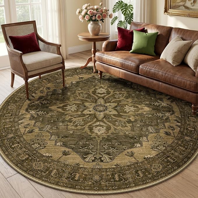 RELEANY Area Rugs Round 6ft Washable Non-Slip, Floral Vintage Distress Print by RELEANY