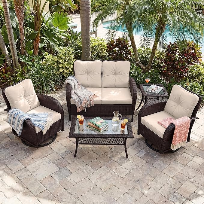UPHA 5 Pieces Patio Furniture Sets, Wicker Outdoor Loveseat Sofa Set - Image 5