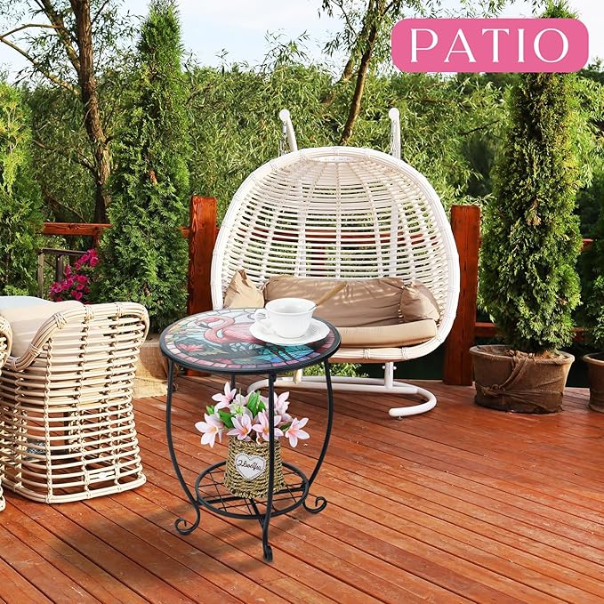 Cinnvoice Outdoor Side Table Round Small Mosaic Patio Accent Indoor End Plant - Image 5
