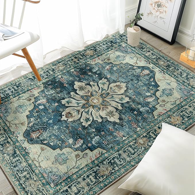 RELEANY Area Rugs 3'x4' Washable Non-Slip, Floral Vintage Distress Print by RELEANY