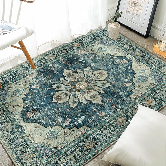 RELEANY Area Rugs 3'x4' Washable Non-Slip, Floral Vintage Distress Print by RELEANY