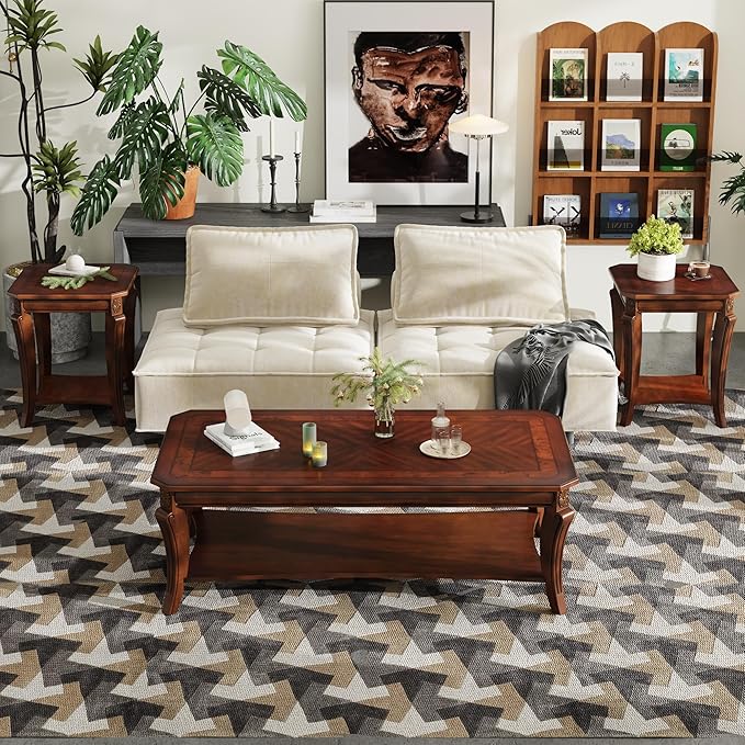 Traditional Distressed Farmhouse Style Coffee Table Set, 2-Piece Solid Wood - Image 8