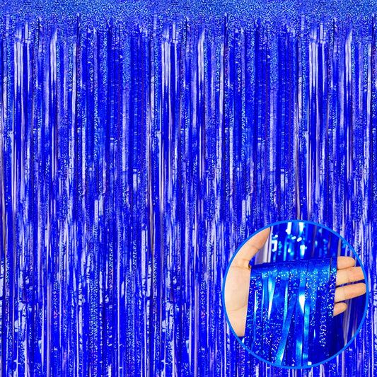 4 Pack Blue Tinsel Foil Fringe Curtain Backdrop, 3.28Ft x 8.2Ft Metallic Streamers for Photo Booth Props Wedding Bridal Shower Bachelorette Birthday Halloween Christmas Party Decoration