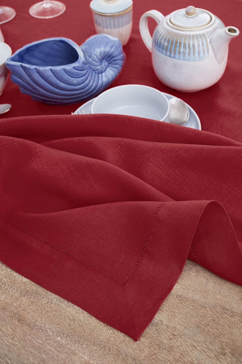 Solino Home Linen Red Tablecloth 60 x 90 Inch - Classic Hemstitch, 100% Pure Linen Rectangular Tablecloth - Machine Washable Table Cloth for Christmas, Holiday