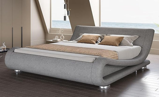 SHA CERLIN King Size Upholstered Bed Frame, Deluxe Low Profile Sleigh Bed by SHACERLIN