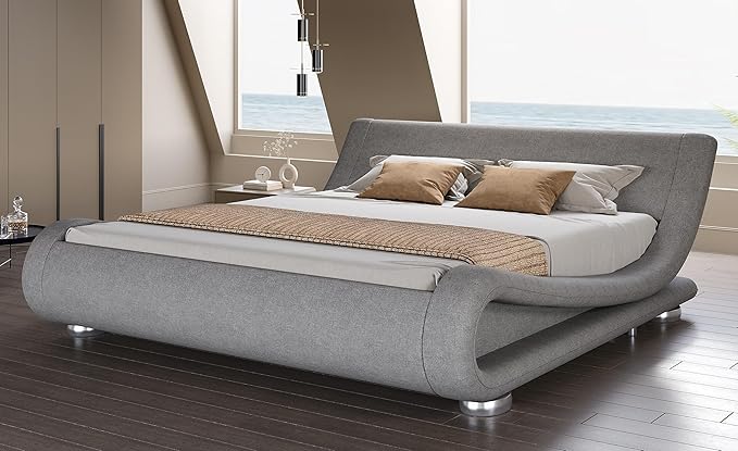 SHA CERLIN Queen Size Upholstered Bed Frame, Deluxe Low Profile Sleigh Bed by SHACERLIN