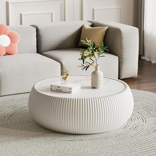 27.55" Round Marble Coffee Table, Modern Drum Coffee Cocktail Center Tables by Henf