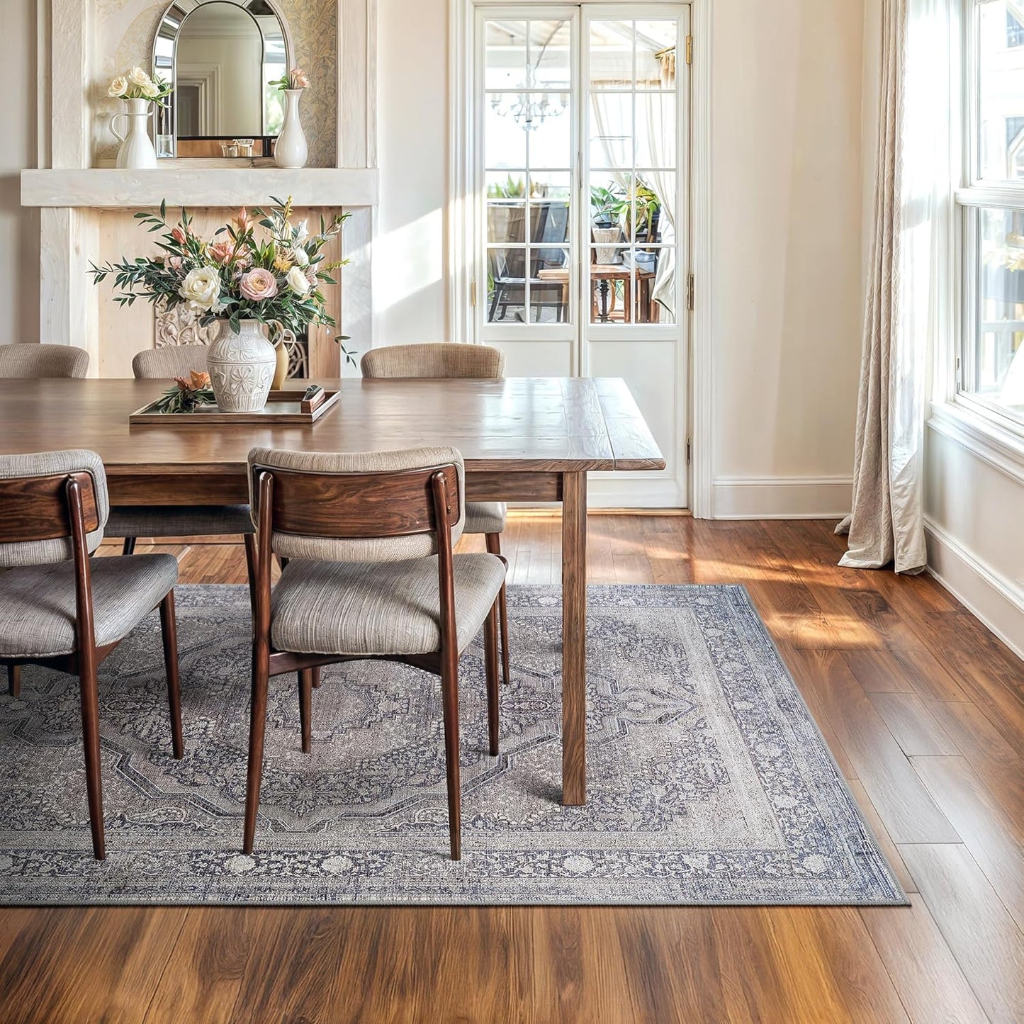 Bloom Rugs Washable Non-Slip 6' x 9' Rug - Blue/Steel Gray/Beige Traditional Medallion Area Rug for Living Room, Bedroom, Dining Room, and Kitchen - Exact Size: 6' x 9'