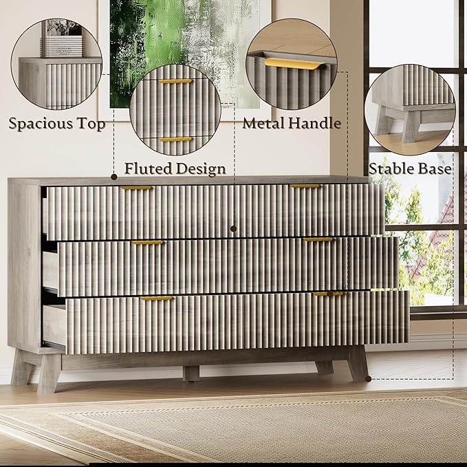 BORNOON Fluted 6 Drawer Dresser, 47.2" Wide Modern Boho Chest of Drawers - Image 5
