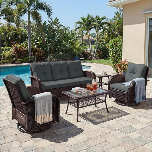 UPHA 5 Pieces Patio Furniture Sets, Wicker Outdoor 3-Seat Sofa Set by UPHA