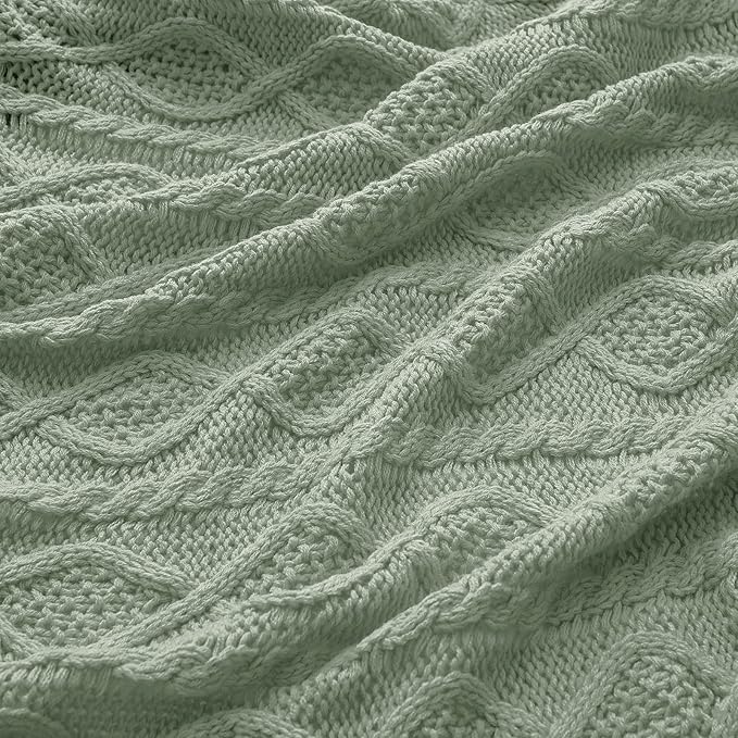 Homiest Cable Knit Throw Blanket and Pillow Set, Sage Green Set of 3, Knitted - Image 6
