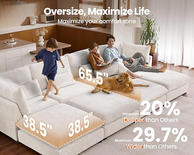 77" Oversized Chenille Couch Modular Sectional Sofa, Washable Cloud Couch - Image 3