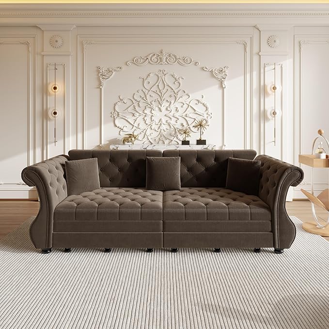 97.6" Oversized Pull Out Sofa Bed, Chesterfield Velvet Sleeper Sofa Couch - Image 7
