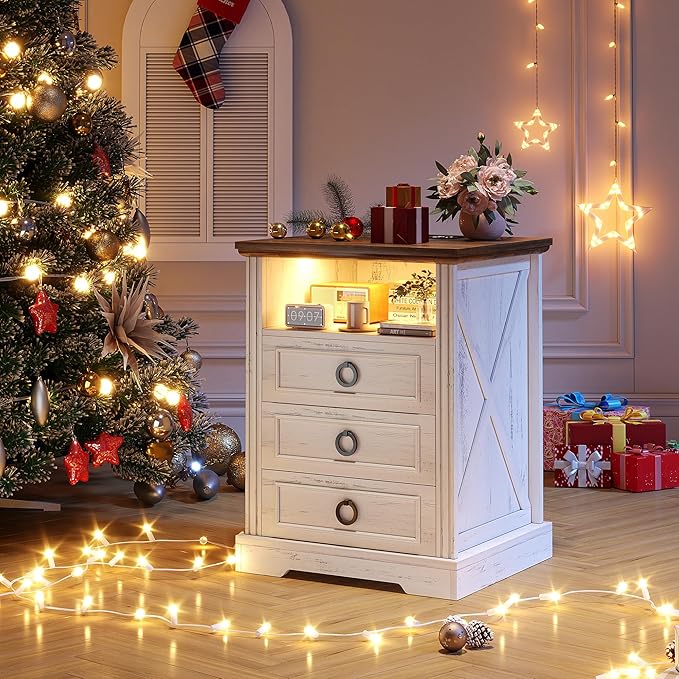 Nightstand with Charging Station, Farmhouse End Side Table with 3 Drawers and by TAGELIER
