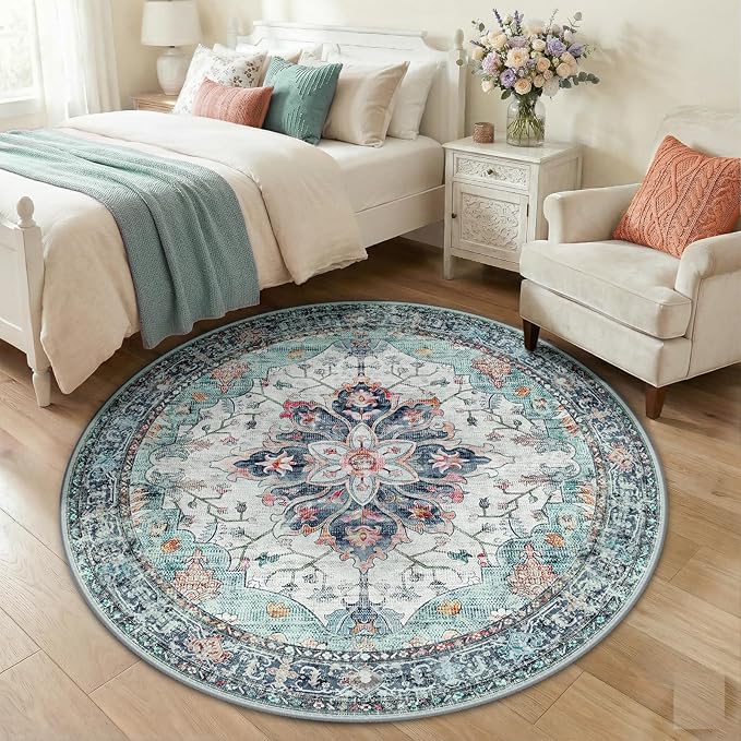 RELEANY Area Rugs Round 5ft Washable Non-Slip, Floral Vintage Distress Print by RELEANY