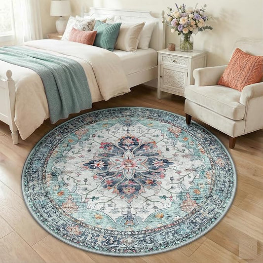 RELEANY Area Rugs Round 5ft Washable Non-Slip, Floral Vintage Distress Print by RELEANY