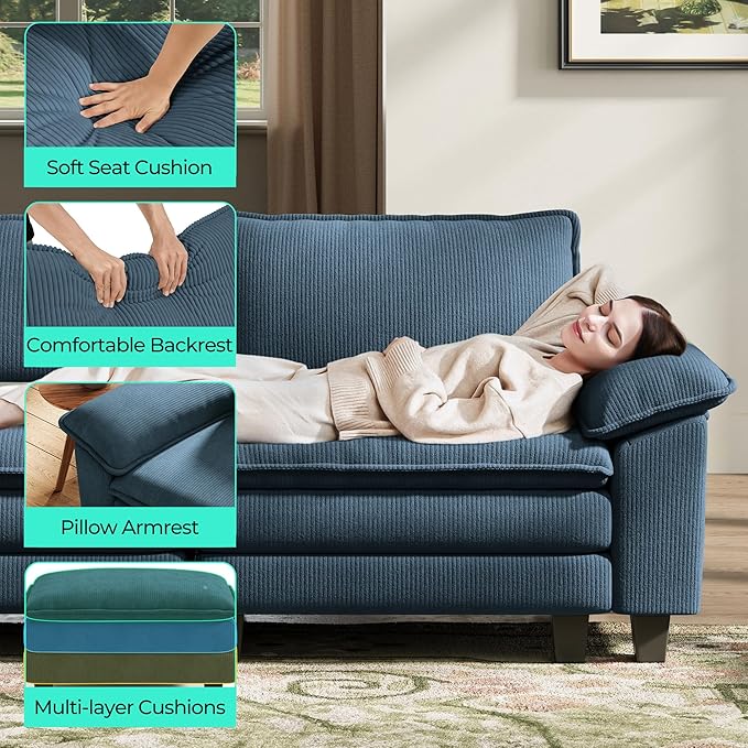 LINSY HOME 123" Modular L-Shaped Sectional Sofa, 3-Seat Corduroy Modern Cloud - Image 4