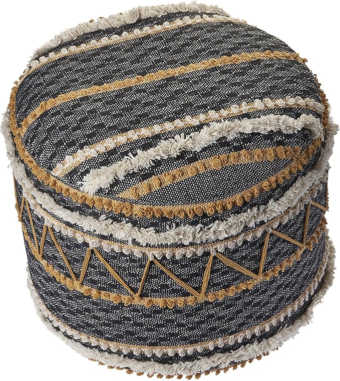 LR Home Black/Tan Coastal Striped Hand-Woven Cotton Ottoman Pouf - Image 3