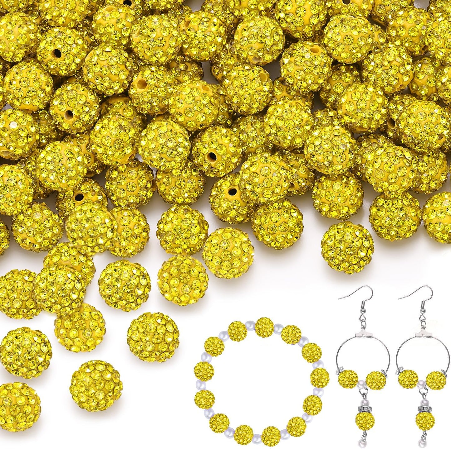 150 pcs 10mm Rhinestone Beads for Jewelry Making, Yellow Shiny Round Shamballa Disco Beads Bulk, Sparkle Crystal Clay Christmas for Bracelet Baseball Necklace Earring Crafting and DIY