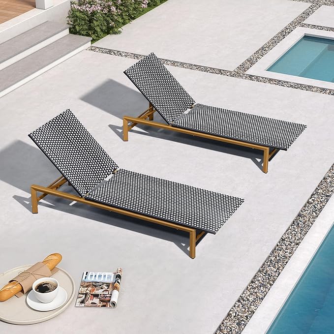 PURPLE LEAF Patio Chaise Lounge French Outdoor Lounger 2 Pieces Wood-Grain by PURPLELEAF