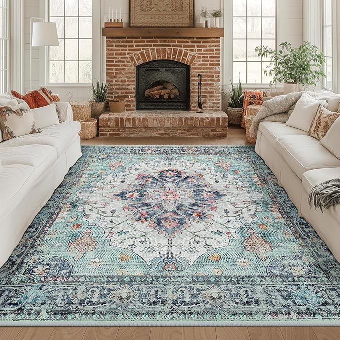 RELEANY Area Rugs Square 8ft Washable Non-Slip, Floral Vintage Distress Print by RELEANY