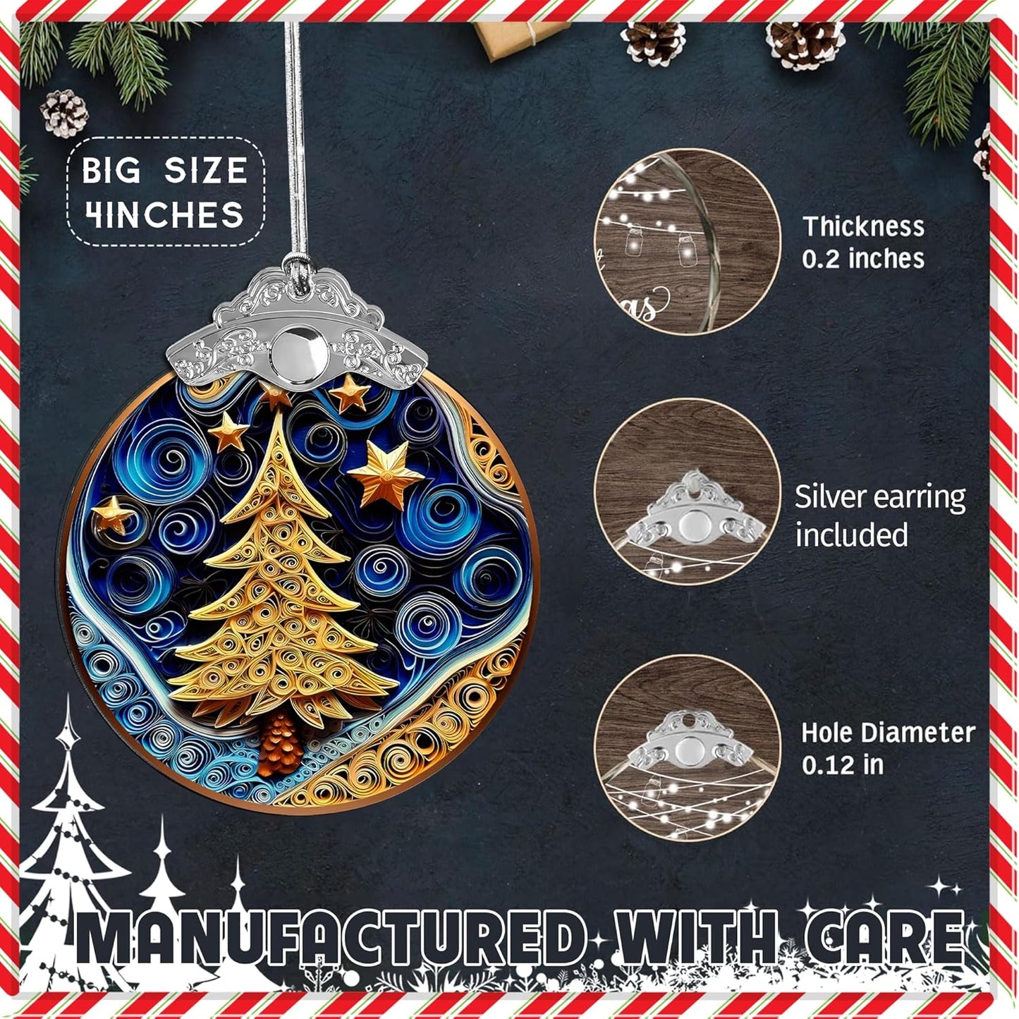 Christmas Ornament 2025, Christmas Tree Round Shape, 4 Inch Acrylic Ornament Art, Holiday Decoration, Car Interior Decor, Holiday Ornaments (Quilling Christmass Tree)