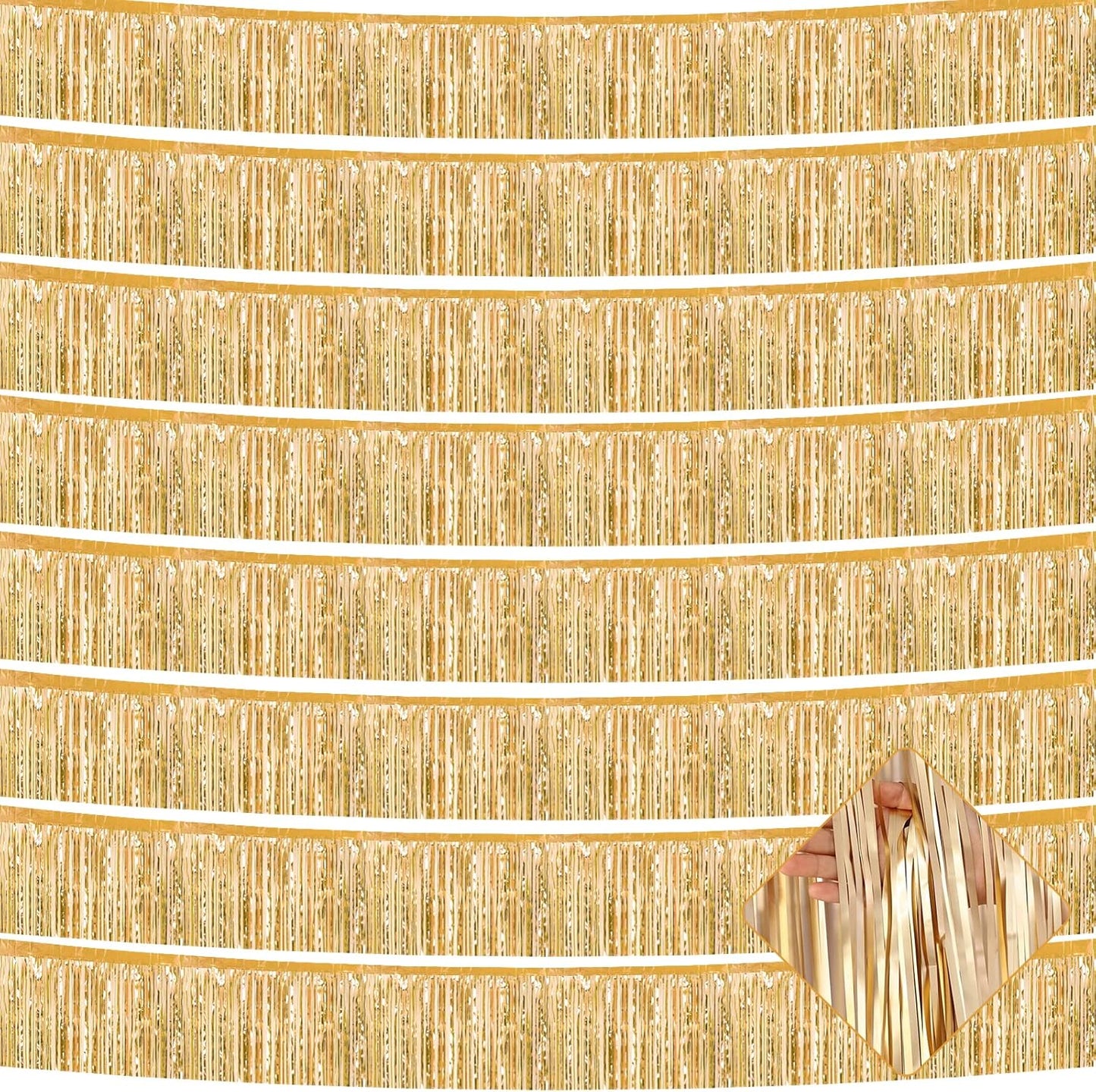 10 Pack 10 Feet Foil Fringe Garland Metallic Tinsel Streamers Banner Wall Hanging Curtain Backdrop for Parade Floats, Wedding, Disco, Birthday, Halloween, Christmas Party Decorations(Champagne Gold)