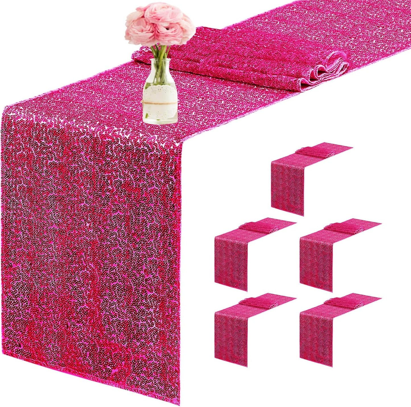 6 Packs 12 x 72 inches Sequin Table Runner, Hot Pink Glitter Table Runner for Birthday Party Supplies Wedding Engagement Baby Shower Holiday Celebration Event Decorations