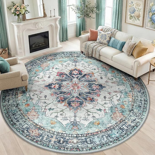 RELEANY Area Rugs 8ft Washable Non-Slip, Floral Vintage Distress Print Pattern by RELEANY