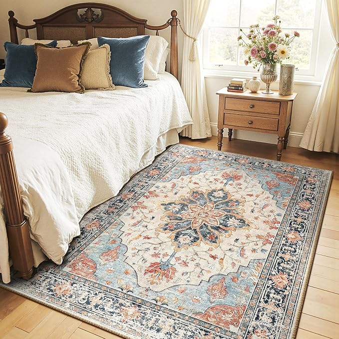 RELEANY Area Rugs 4'x5' Washable Non-Slip, Floral Vintage Distress Print by RELEANY