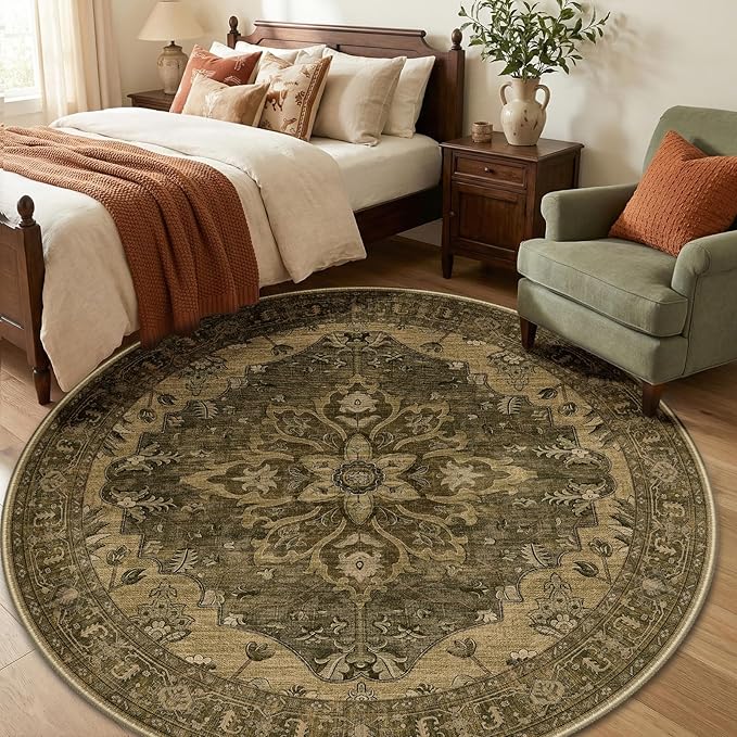 RELEANY Area Rugs Round 6ft Washable Non-Slip, Floral Vintage Distress Print - Image 3