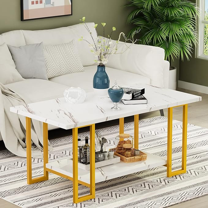 AWQM Marble Coffee Table, Faux Marble Top Rectangular Coffee Table by AWQM