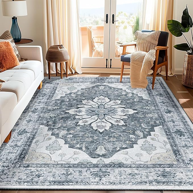 RELEANY Area Rugs 5'x7' Washable Non-Slip, Floral Vintage Distress Print by RELEANY