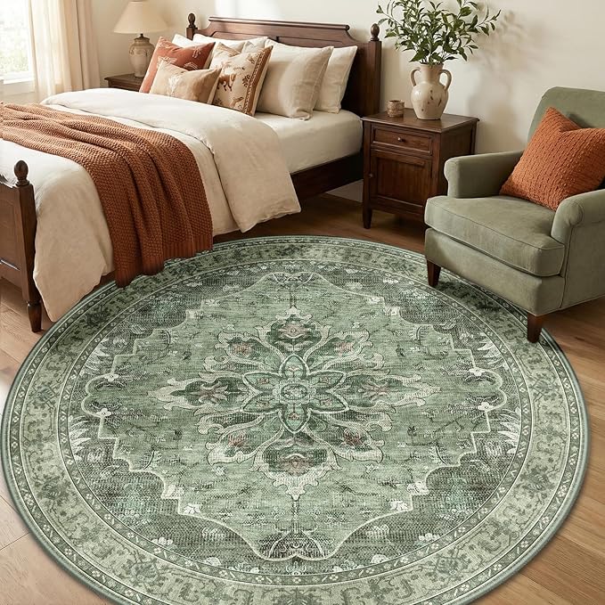 RELEANY Area Rugs Round 6ft Washable Non-Slip, Floral Vintage Distress Print - Image 3