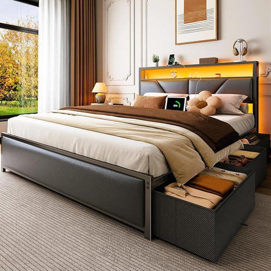 OURPIC Queen Bed Frame, 2-Tier Storage Headboard & 6 Fabric Drawers, PU Leather by OURPIC